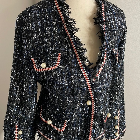 Sans Souci Blazer Jacket Blue Metallic Pearl Buttons Large - Picture 4 of 12